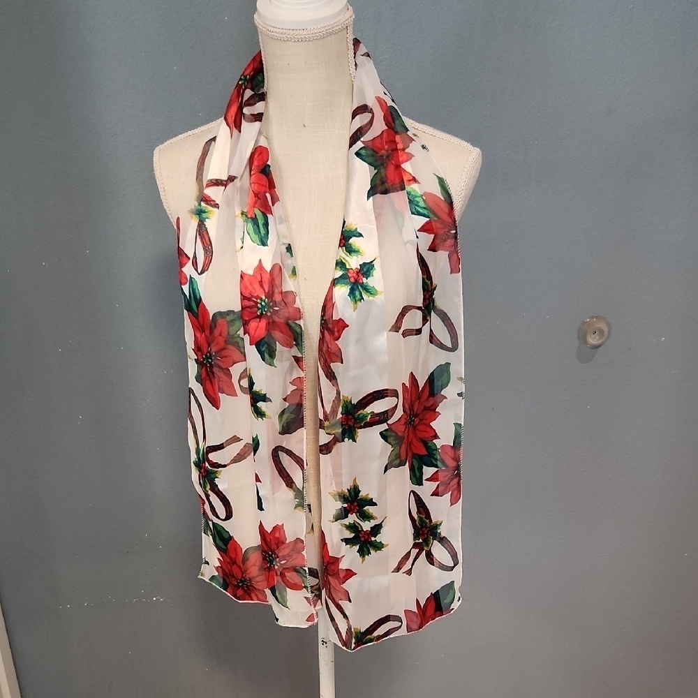 JC Penny's Satin Sheer Christmas Ribbon Poinsettea Holiday Wrap Scarf Holiday
